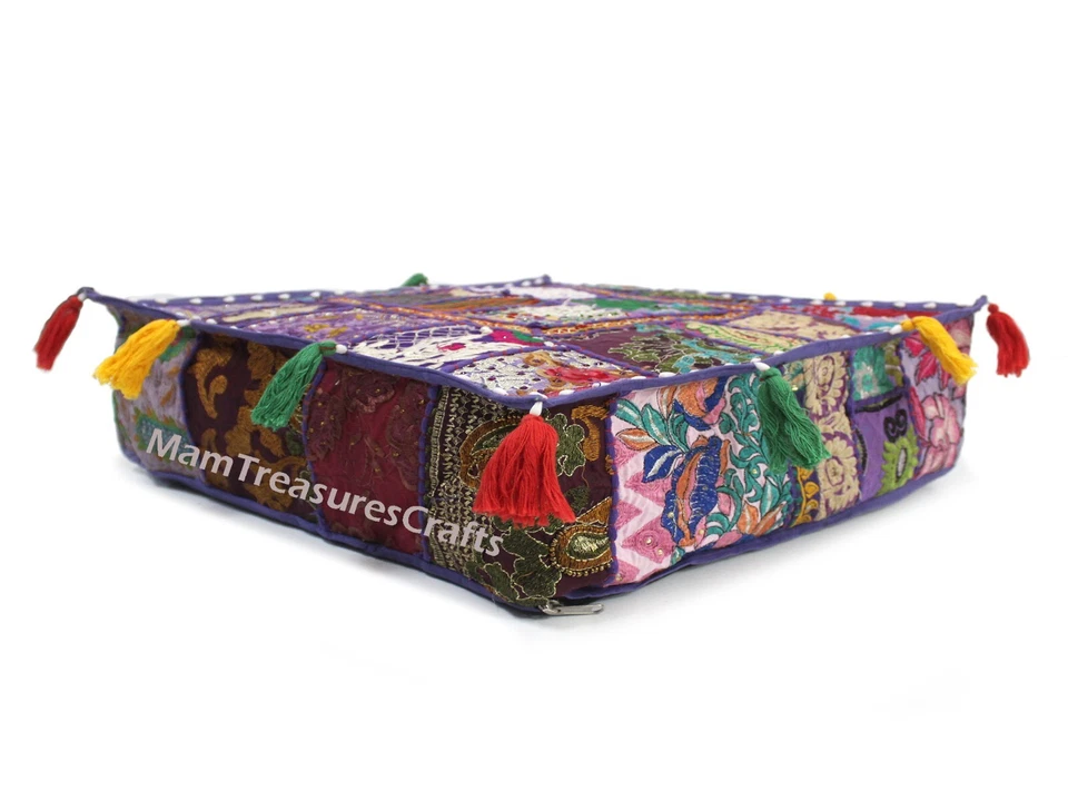 Purple Patchwork Square Floor Pillow Bohemian Decorative Pillow Vintage Cover AU - Image 3 of 4
