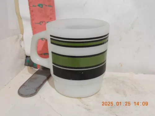 Vintage MCM Fire King Anchor Hocking Green Black Stripe Mug Milk Glass D Handle