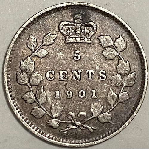 1901 Canada 5 Cents Half Dime Silver Coin - Queen Victoria - Picture 2 of 2