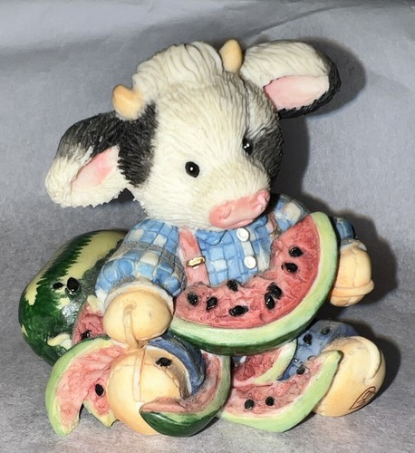 Mary Moo Moos 1994 Enesco Udderly Refreshing Cow Figurine Watermelon Summertime - Picture 3 of 12