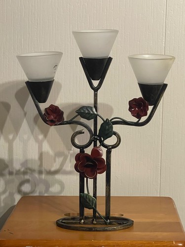 Kerzenleuchter 3 Glas Kegel Kerzenhalter Schmiedeeisen florale Akzente brutalistisch Vintage - Bild 3 von 13