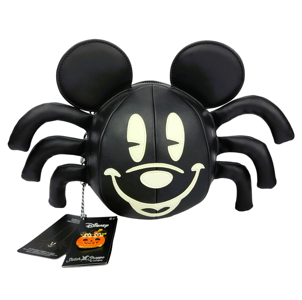 Loungefly Stitch Shoppe Disney Mickey Mouse Glow Spider Crossbody Purse & Pin