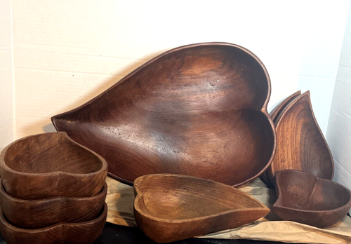 Vintage Hand-Carved WOODEN SALAD BOWL SET 14" Serving + 7 Bowls Shell Shaped - Picture 3 of 15