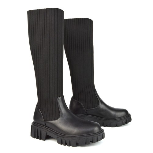 Womens Knee High Boots Ladies Chunky Grip Sole Winter Knit Sock Biker size 3-8 - Picture 4 of 19