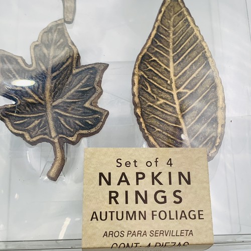 Napkin Rings Holder Set 4 Metal Thanksgiving Fall Leaf Antique Gold New - Picture 3 of 10
