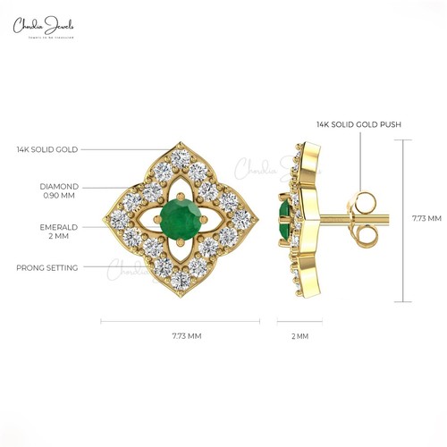 2mm Round Emerald & Diamond Floral Stud Earrings in 14k Gold Fine Jewelry Gift - Picture 4 of 22