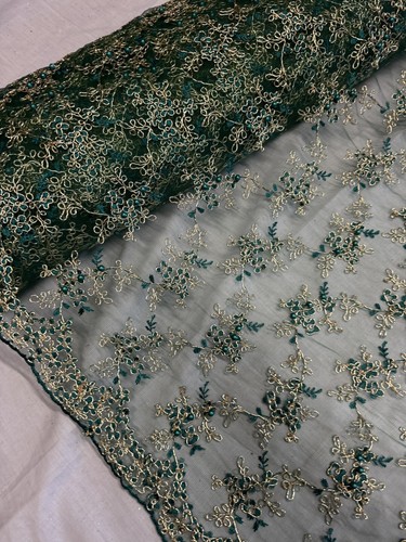 1 mtr forest green /gold pearl beaded scalloped bridal tulle net fabric 52” wide - Picture 1 of 4