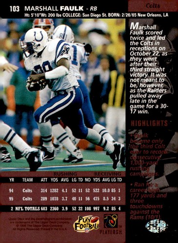1996 Upper Deck Marshall Faulk #103 - Picture 2 of 2