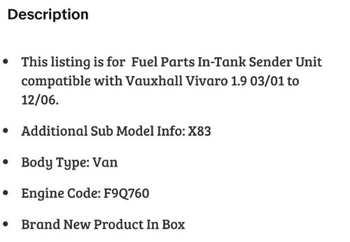 Fuel Parts In-Tank Sender Unit for Vauxhall Vivaro DTi 1.9 Mar 2001 to Dec 2006 - Picture 3 of 3