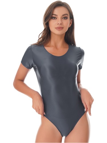 Women's Oil Shiny Stretchy Long Sleeve Bodysuit Round Neck High Cut Leotard - Picture 203 of 217