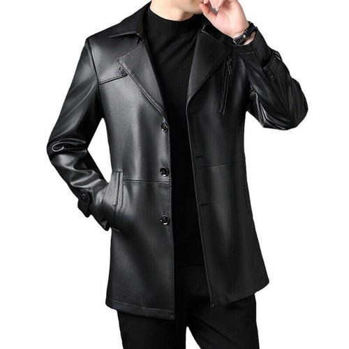 New Men's Jacket Lapel Collar Button Autumn Long Leather Business Casual Jacket - Bild 6 von 14