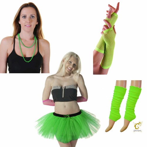 Neon 3-lagig TuTu Rock Kostüm 4-teiliges Set Perlen Halskette Handschuhe Beinwärmer Set - Bild 7 von 10