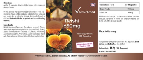 Reishi 650 mg - 180 Kapseln Pilzpulver - hochdosierter Vitalpilz - Vitamintrend - Bild 7 von 12