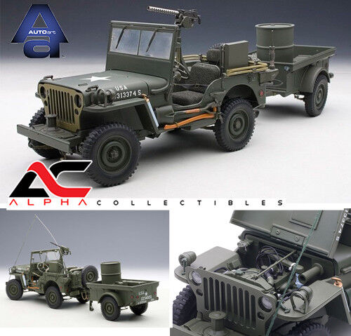 AUTOART 74016 1:18 JEEP WILLYS ARMY GREEN WITH TRAILER AND AUTOART 74016 1:18 JEEP WILLYS ARMY GREEN WITH TRAILER AND
