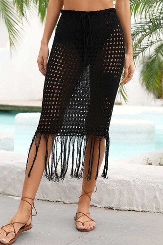 Falda midi de playa con flecos de ganchillo blanca con cordón en el dobladillo ropa de resort - Imagen 7 de 8