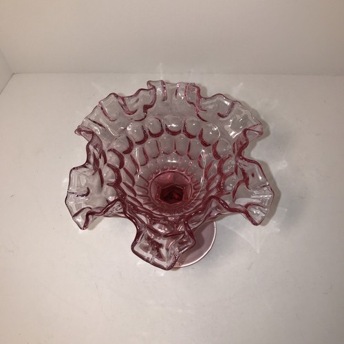 Vintage Fenton Glass Cranberry Ruffled Edge Thumbprint Candy Dish Compote Pink - Picture 10 of 13