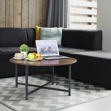 Round Wood Coffee Table Household Top Frame Tea Table Black X-Shaped Table Desk