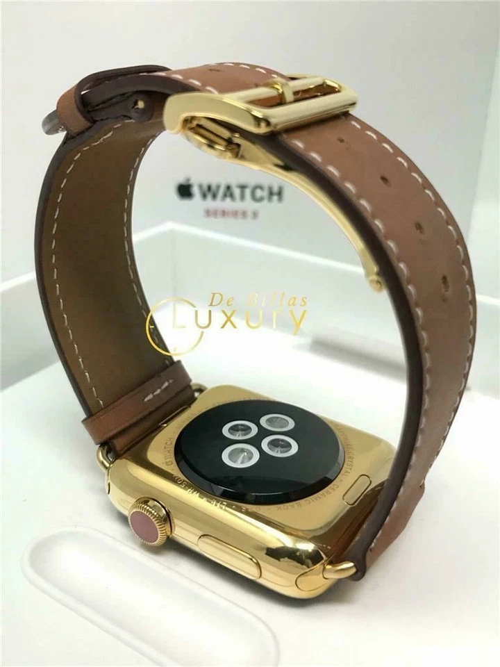 24K Gold Plated 42MM Apple Watch SERIES 3 Brown Leather Band Custom Wooden Box - Image 2 of 3