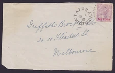 VICTORIA 1912 1D VIOLET SURCHARGE QV COVER FRONT 879 TATURA PMK (QM18)