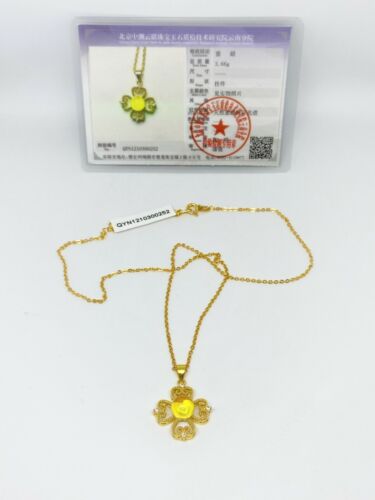 Gold gilt 925 Silver Lucky Four-Leaf Clover with Burmese Golden Amber necklace - Picture 3 of 7