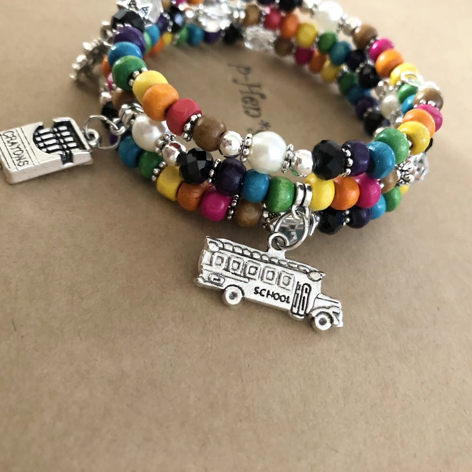 Pulsera Profesor Crayón Color Madera + Envoltura Alambre Memoria Artesanal Hecho a Mano EE. UU. 713 Foto 4 de 4