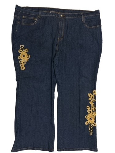 Denim 24/7 Jeans Women 28WP Unique Embroidered Beads Wide Leg Flare Blue Stretch - Picture 1 of 6