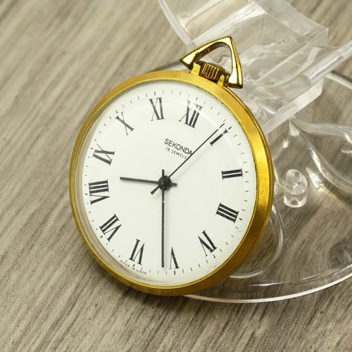 Reloj bolsillo Sekonda raketa 2609.HA URSS soviético chapado en oro AU cara abierta - Imagen 3 de 6