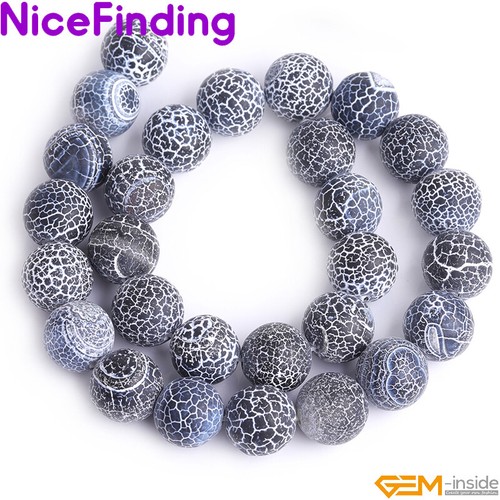 Natural Round Crackle Black Agate Onyx Gemstone Spacer Beads For Jewelry Making - Picture 3 of 27