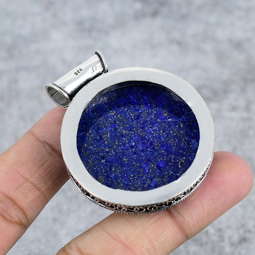 Lapis Lazuli Round Cabochon Pendant, Handmade Healing Crystal 925 Silver Pendant - Picture 4 of 4