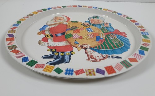 Vintage Metal Christmas Trays 13" Round ~ Set of 2 ~ Santa Mrs. Claus Reindeer - Picture 4 of 9