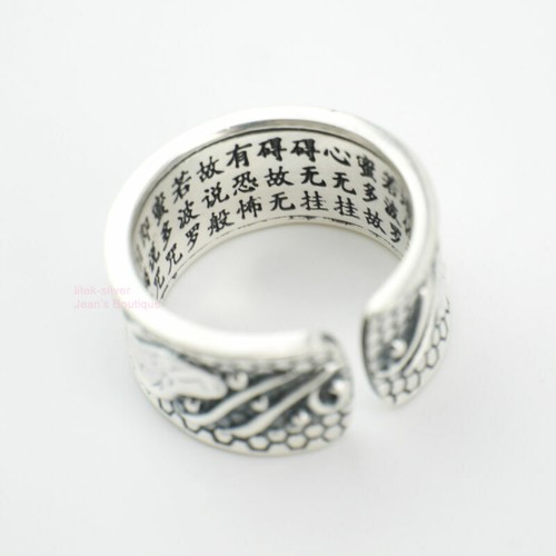 925 Sterling Silver Lotus Flower Heart Sutra Buddhism Yoga Open Band Ring A3345 - Picture 7 of 9