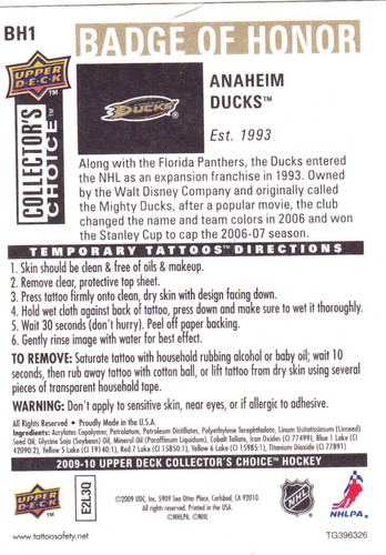 09/10 COLLECTORS CHOICE..ANAHEIM DUCKS..BADGE OF HONOR TATTOO INSERT - Picture 2 of 2