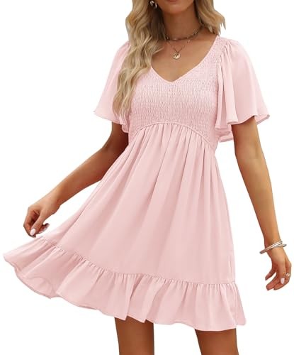 Women's Flowy Casual Mini Dresses 2025 Summer Graduation Smocked V Neck - Picture 2 of 6