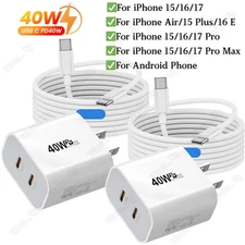 Dual USB C 40W Power Adapter Fast Charger Cable For iPhone Air 15 16 17 Samsung