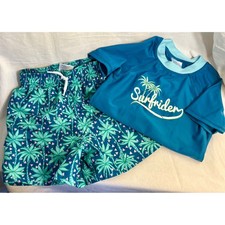 Floatimini Boys Blue Surfrider Rash Guard and Palm Tree Swim Trunks Set 4T