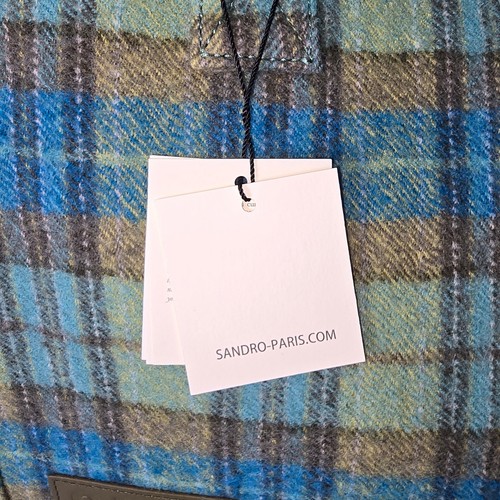 Sandro Paris Tartan Plaid Wool Tote Large Blue Green Top Handle Snap Closure NEW - Picture 3 of 12