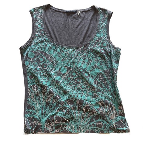 Blusa informal para mujer Elie Tahari sin mangas con estampado marrón y verde talla L - Imagen 4 de 8