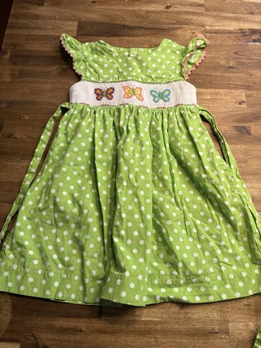 Mom & Me Smocked Accent Butterfly Green w/White Polka Dot Bishop Dress 24m