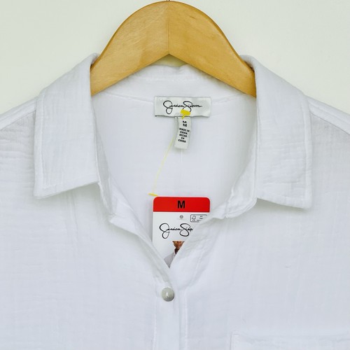 Camisa Jessica Simpson 100% Algodón Crepé Clásica Blanca Abotonada M Bolsillo en el Pecho - Imagen 5 de 15