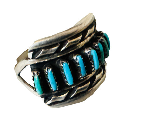 Vintage Native Old Pawn Zuni Sterling Silver Needlepoint Natural Turquoise Ring - Picture 4 of 5