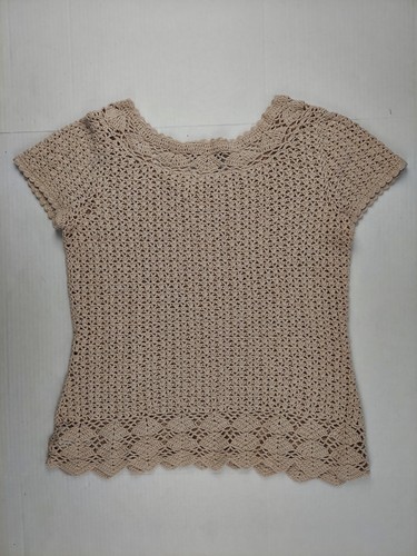 Hand Crochet Top Tan Brown Beige Linen Blouse Small Medium Eddie Bauer Scalloped - Picture 2 of 5