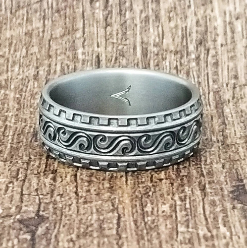 Handmade Ocean Patterned Titanium Ring Tough Finger Ring 8mm Wedding Band - Picture 3 of 4