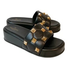 VALENTINO GARABANI ROMAN STUD PLATFORM SLIDE SANDAL BLACK CALF LEATHER SZ 40 NEW