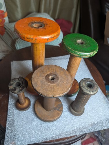 Lot 5 Antique Wooden Industrial Spools Rustic Primitive Decor Candle Holders - Picture 3 of 24