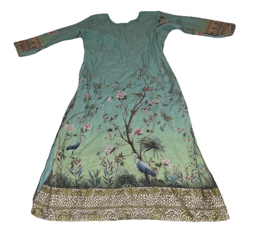 Fessura piccola manica 3/4 fatta a mano Anarkali Kurti multicolore stampa floreale e uccellino - Foto 1 di 16