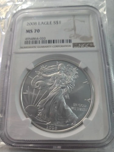 RARE 2008 $1 SILVER EAGLE NGC MS70 .999 SILVER PRICE $82 TODAY POP.8K