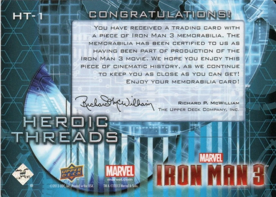 Iron Man 3 2013 Upper Deck Marvel Heroic Threads Costume Card HT-1 Tony Stark - Image 2 of 4