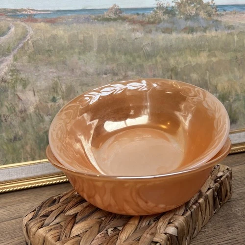 2 Serving Bowls 8” Anchor Hocking Fire King Oven Ware Peach Luster MCM Vtg
