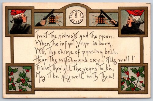 HBG Neujahr~Nachtwächter mit Laternen~Mitternachtuhr~Holly~Gedicht~Gold~Emb~1910