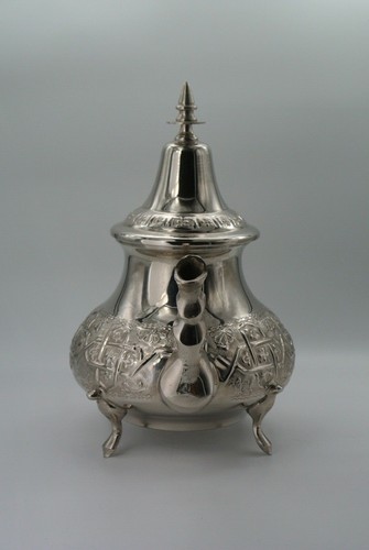 Moroccan Large Tea Pot Handmade Serving 12 Tea Cups Brass Silver Plated African - Picture 2 of 12